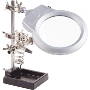 Держатель REXANT «ТРЕТЬЯ РУКА», 2 зажима, чугун, лупа 90 мм, подставка паяльника, LED подсветка Держатель REXANT «ТРЕТЬЯ РУКА», 2 зажима, чугун, лупа 90 мм, подставка паяльника, LED подсветка