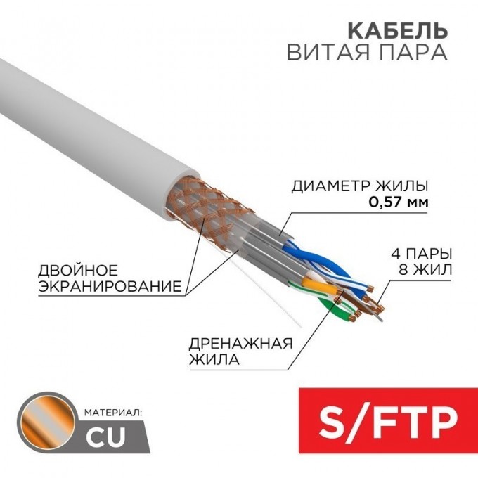 Кабель витая пара REXANT S/FTP, CAT 6A, ZH нг(А)-HF, 4х2х0,575мм, 23AWG, INDOOR, SOLID, серый, 305м 02-0325 Кабель витая пара REXANT S/FTP, CAT 6A, ZH нг(А)-HF, 4х2х0,575мм, 23AWG, INDOOR, SOLID, серый, 305м 02-0325
