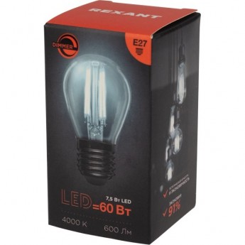 Лампа филаментная REXANT ШАРИК GL45 7,5Вт 600Лм 4000K E27 диммируемая, прозрачная колба Лампа филаментная REXANT ШАРИК GL45 7,5Вт 600Лм 4000K E27 диммируемая, прозрачная колба