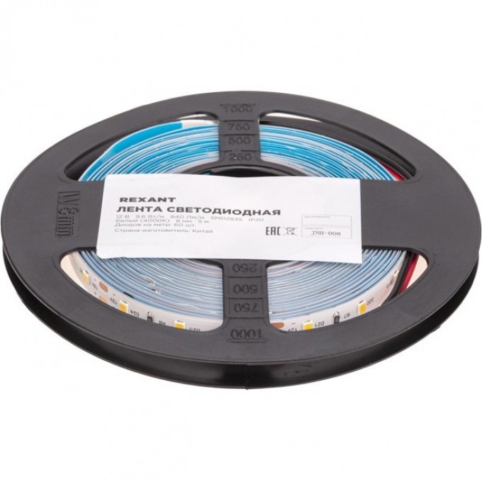 Лента светодиодная REXANT 12В, SMD2835, 9,6Вт/м, 60 LED/м, 4000K, 8 мм, 5 м, IP20 141-214 Лента светодиодная REXANT 12В, SMD2835, 9,6Вт/м, 60 LED/м, 4000K, 8 мм, 5 м, IP20 141-214
